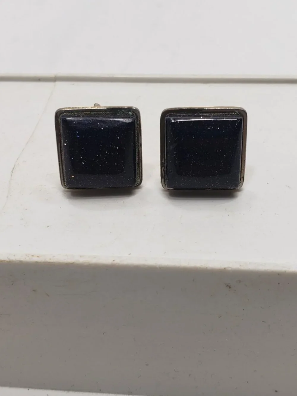 Vintage Blue Goldstone Square Cufflinks Gold Tone Retro Mid Century Men's